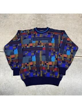 vintage navy purple orange and red squared knit sweater size large
